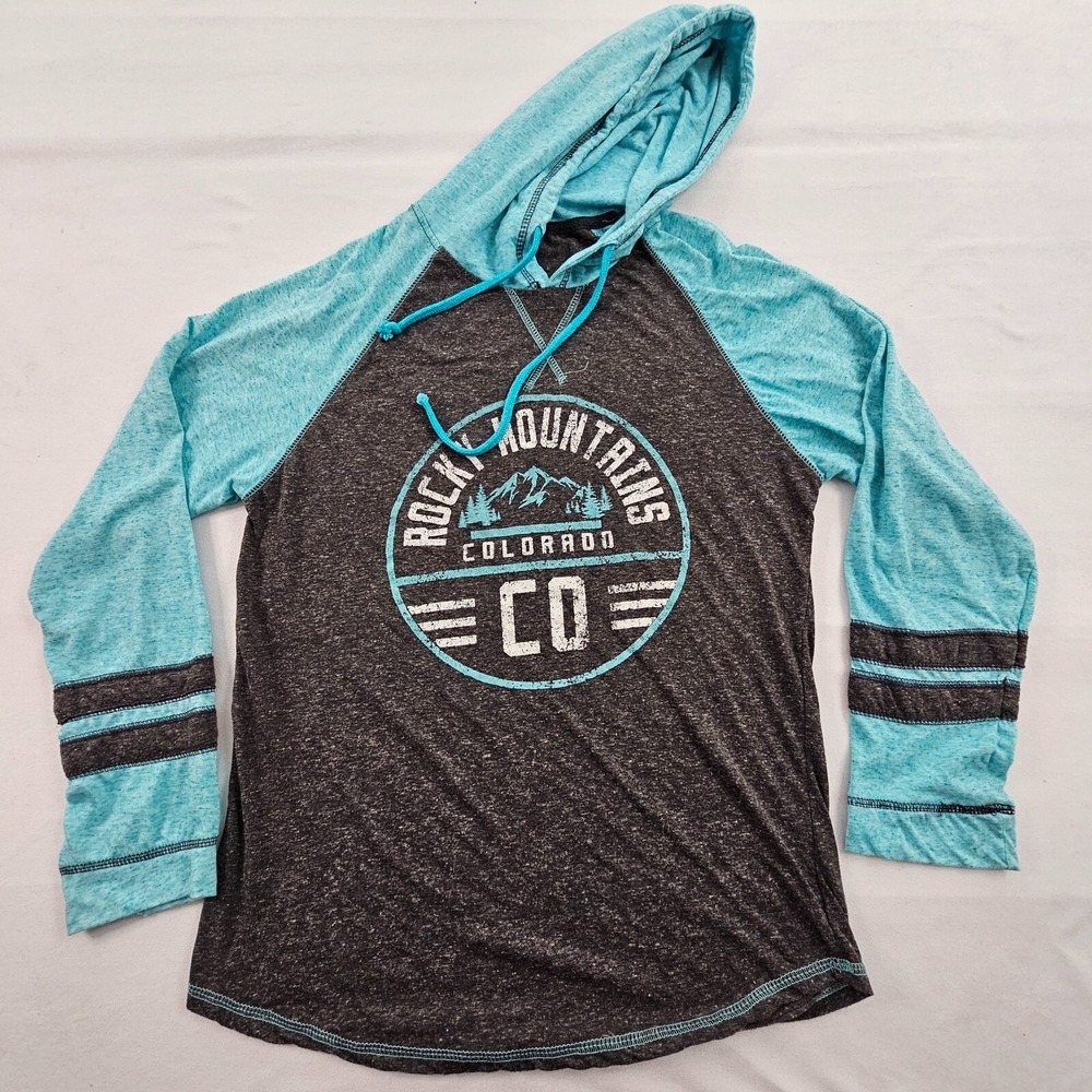 Rocky Mountains CO Gray Colorblock Long Sleeve Hooded T-Shirt Adult M